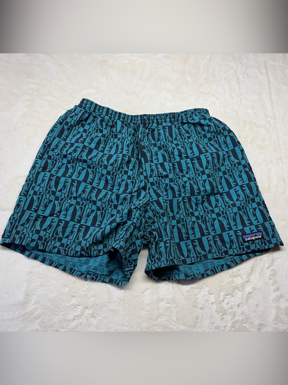 Patagonia Men's Retro Print Elastic Waist Swim Trunks Shorts Teal Black Size M